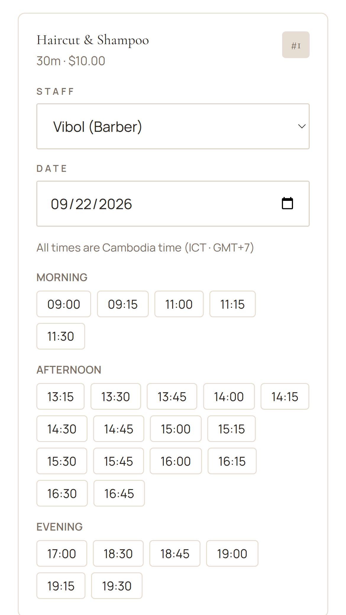 Customer booking page on a phone — service, staff, day and time slots, demo shop with sample data