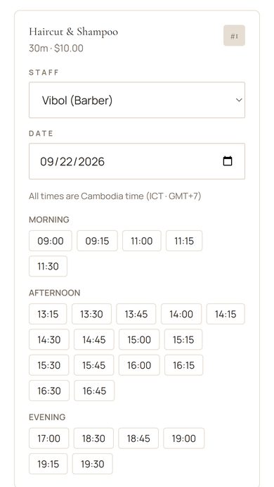 Customer booking page on a phone — service, staff, day and time slots, demo shop with sample data
