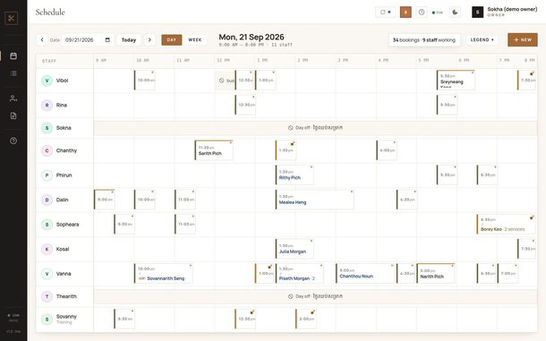 Shop control panel — next day's schedule, demo shop with sample data