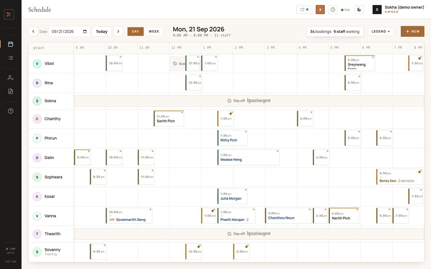 Shop control panel — next day's schedule, demo shop with sample data